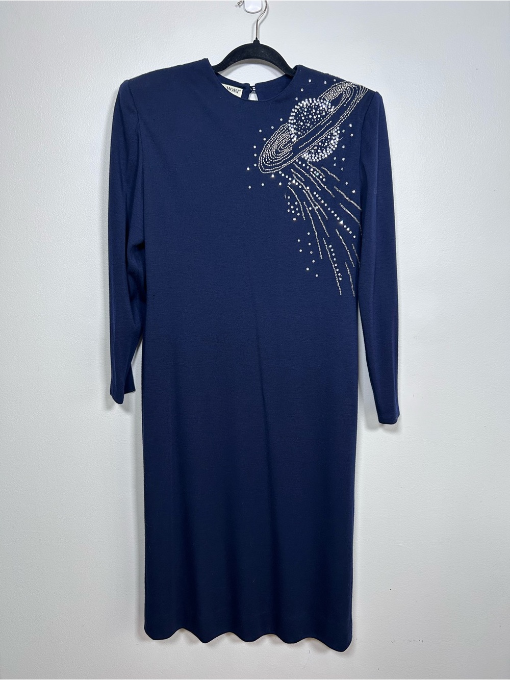 *RARE* Vintage Hanae Mori 100% Wool Navy Blue Beaded Galaxy Planet Dress V Sz 12